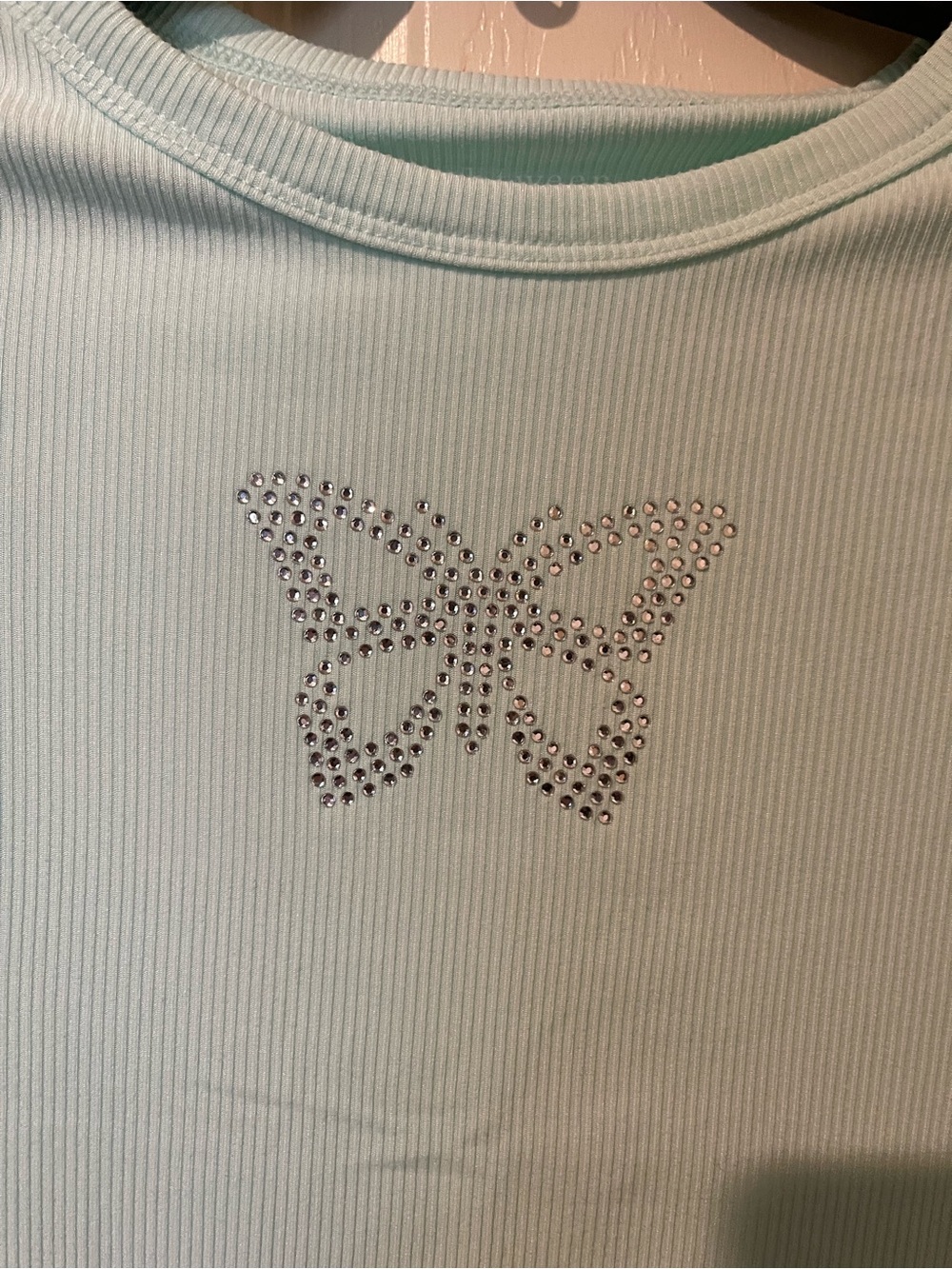 btween Aqua Ribbed Tee with Rhinestone Butterfly - Picture 2 of 6